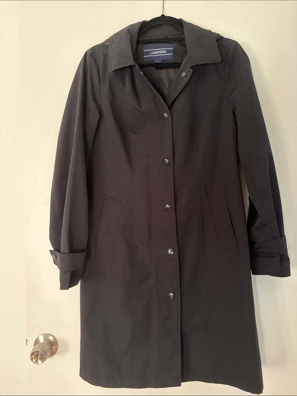 Lands' End Trench Coat | Black Snap-Front Classic — Size S